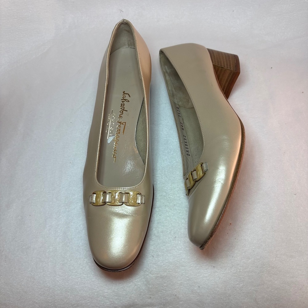 Salvatore Ferragamo Metallic Beige Leather Chain Link Block Heel Pumps 7.5A
